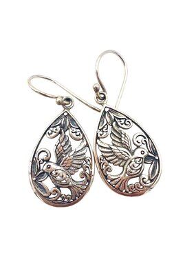 ATI Bali Sterling Silver Hummingbird Teardrop Earrings Intricate Scrollwork 925